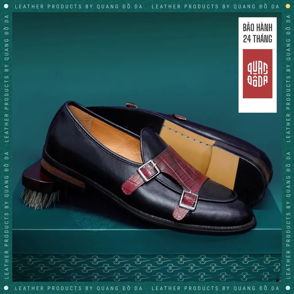 Giày Double MonkStrap Nam Da Thật Đế Gỗ Phíp Phối