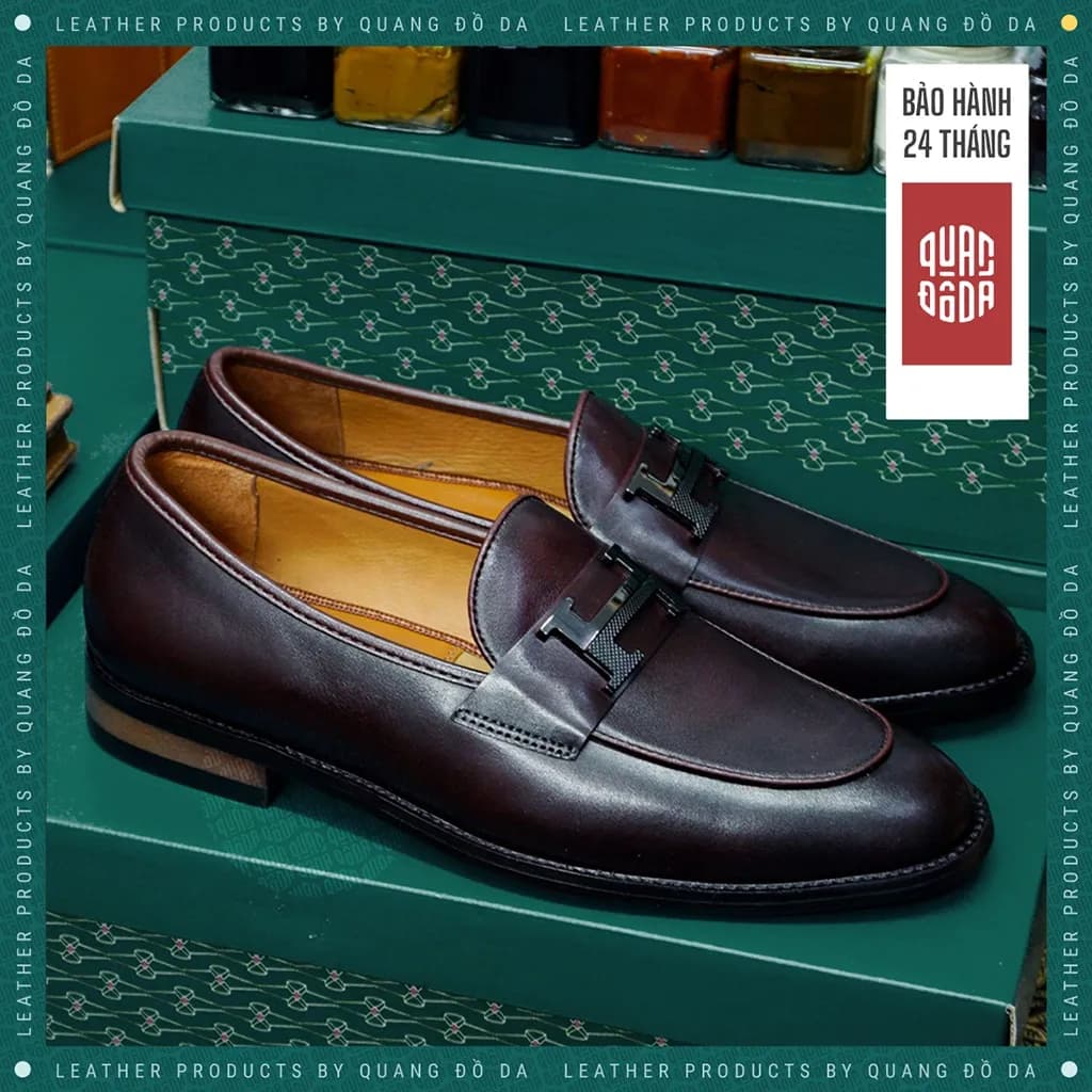 Giày Loafer Chữ H Da Thật Đế Gỗ Phíp