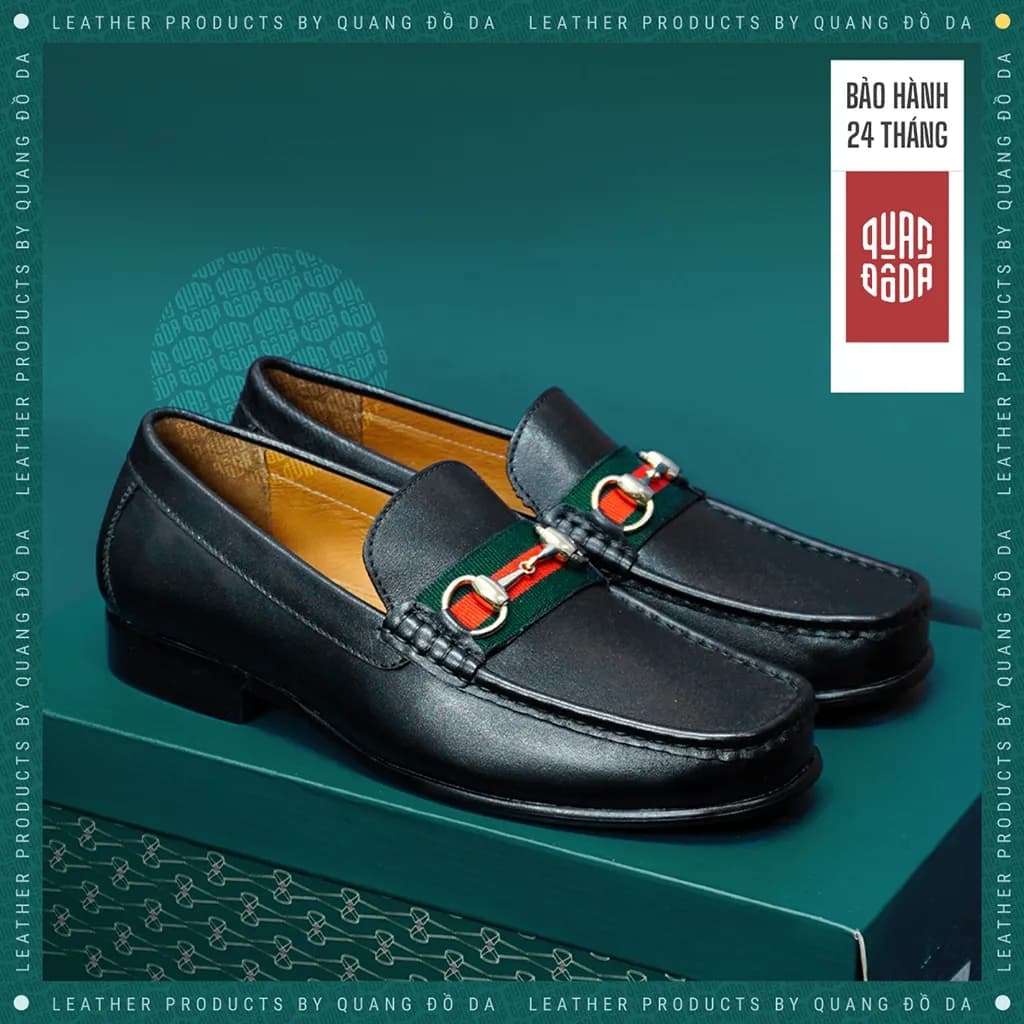 Giày Horsebit Loafer Da Thật Mũi Vuông Đế Gỗ Phíp