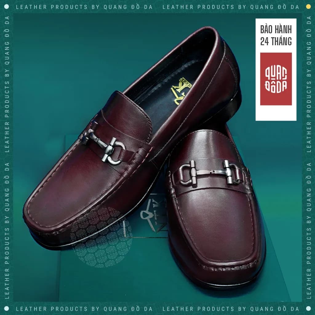 Giày Loafer Chữ Horsebit Da Thật Mũi Vuông Đế Gỗ Phíp